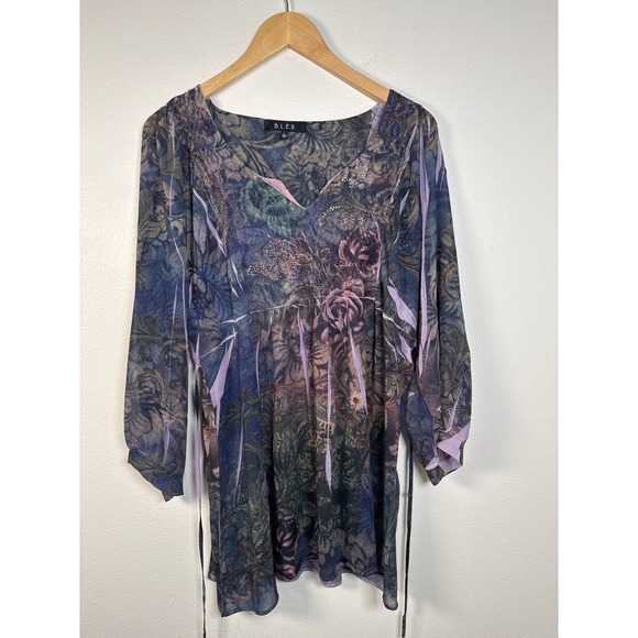 B. L. E. U. Tops - B.L.E.U. Womens L Y2K Sheer Boho Floral Paisley Rhinestone‎ Tunic Top